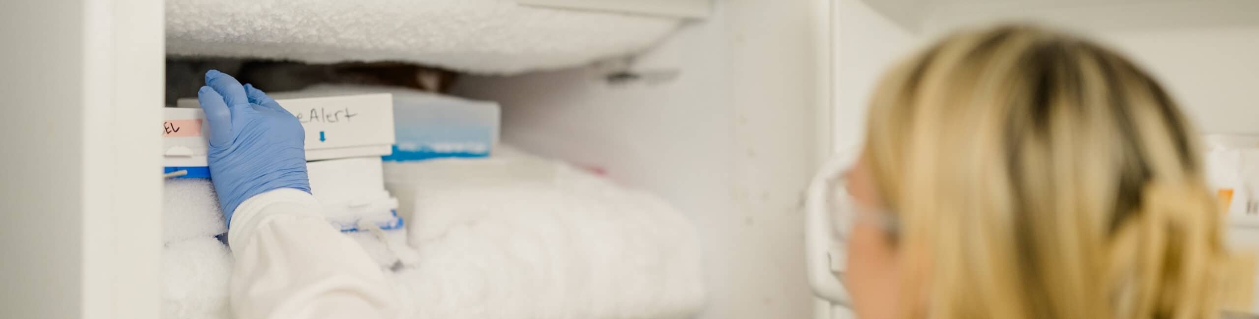 COVID-19 Vaccine Storage in Refrigerator Close-up of healthcare worker handling Lyme Alert medical equipment in a refrigerator.