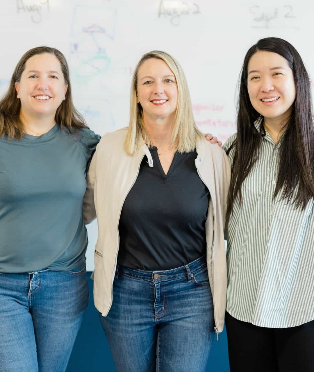 Women smiling in a classroom with whiteboard behind them Women smiling in a classroom with whiteboard behind them.