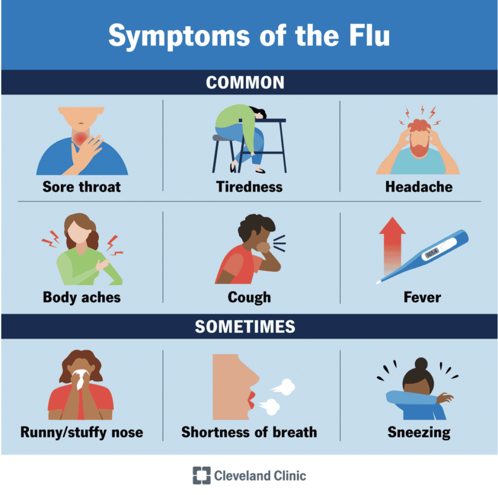 Visual guide showing common and occasional flu symptoms with illustrations.