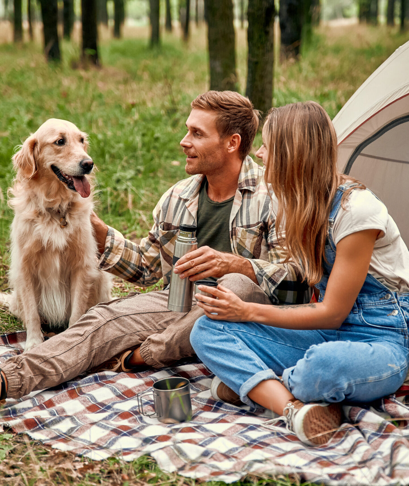 Camping with a dog in the woods for Lyme disease awareness Family camping in the woods with dog, promoting Lyme disease prevention and awareness.